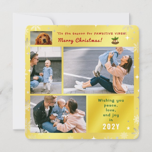 Funny Dog Cat Peace Love Joy Elegant Golden Photo Holiday Card (Front)