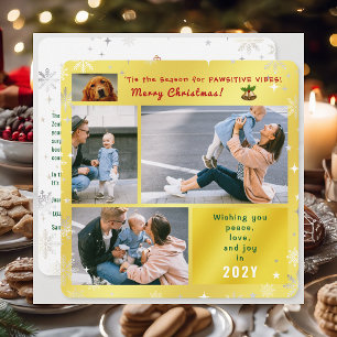 Funny Dog Cat Peace Love Joy Elegant Golden Photo Holiday Card