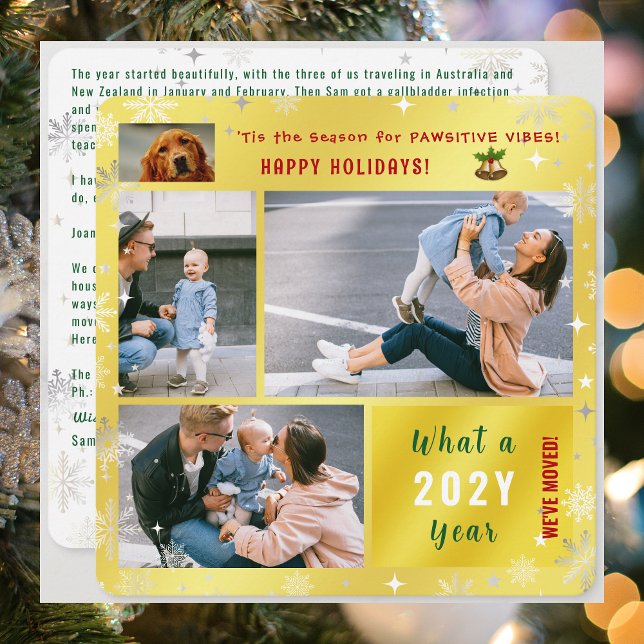Funny Dog Cat We've Moved 4 Photos Elegant Golden Holiday Card (Funny Dog with Pawsitive Vibes We've Moved Holidays Card. 4 Photos. Elegant modern cute. Snowflakes)