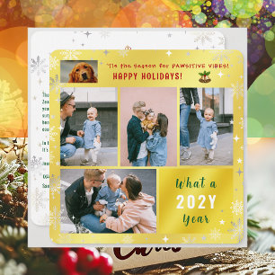 Funny Dog Cat What a Year 5 Photos Collage Golden Holiday Card