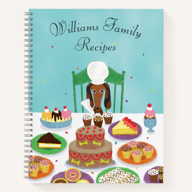 Funny Dog Chef w/ Dessert Watercolor Family Recipe Notebook (Front)