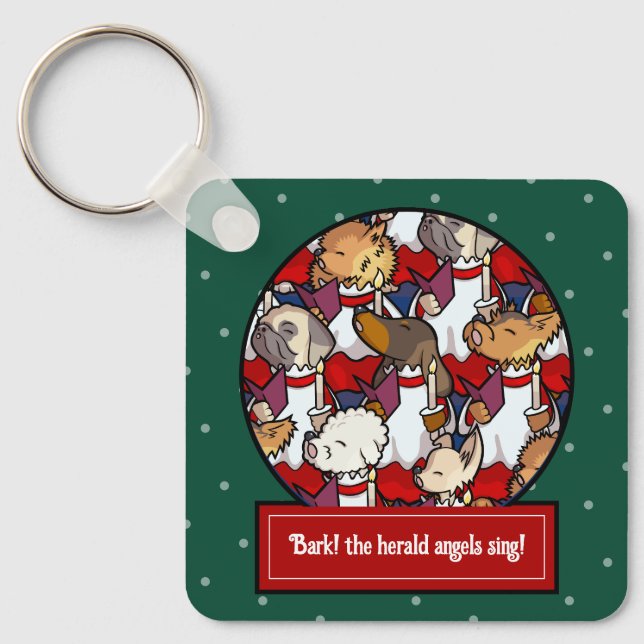Funny Dog Choir Christmas Carol Pug Pun Cartoon Key Ring (Front)