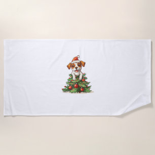 Funny Dog climbing on Christmas Tree Costume Beach Towel
