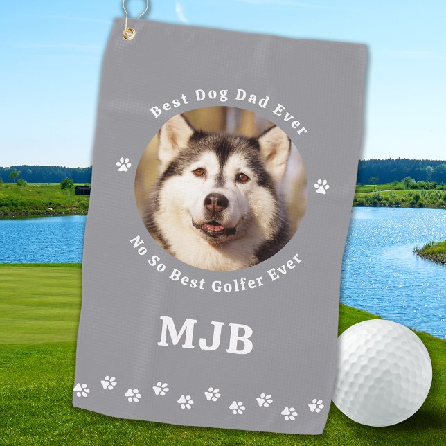 Funny DOG DAD Custom Photo Golfer Monogram  Golf Towel (Creator Uploaded)