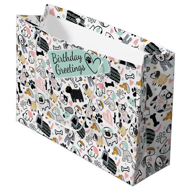 Funny dog doodle children's seamless pattern   large gift bag (Front Angled)