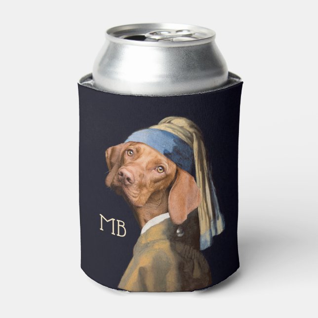 Funny Dog Girl with a Pearl Earring Vermeer Parody Can Cooler (Can Front)