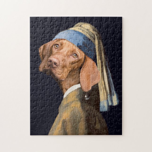 Funny Dog Girl with a Pearl Earring Vermeer Parody Jigsaw Puzzle (Vertical)
