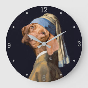 Funny Dog Girl with a Pearl Earring Vermeer Parody Large Clock