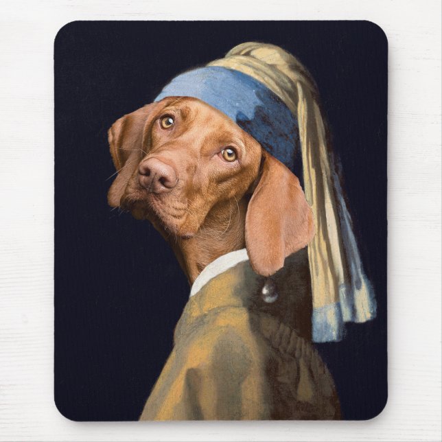 Funny Dog Girl with a Pearl Earring Vermeer Parody Mouse Pad (Front)