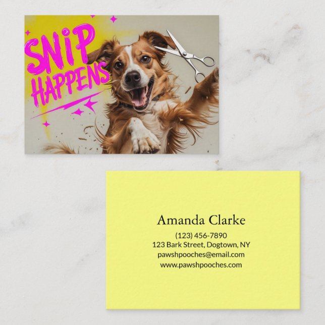 Funny Dog Grooming Design – “Snip Happens” Cartoon Business Card (Front/Back)