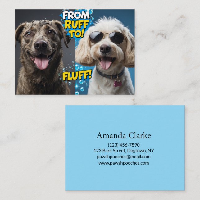 Funny Dog Grooming From Ruff to Fluff!” Cartoon Business Card (Front/Back)