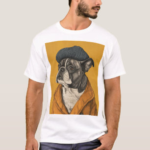Funny Dog in Beret Naive Drawing T-Shirt