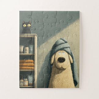 Funny Dog in Towel with Cat Jigsaw Puzzle