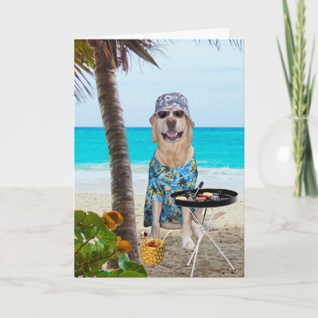 Funny Dog/Lab in Hawaiian Shirt on Beach BD Card (Front)