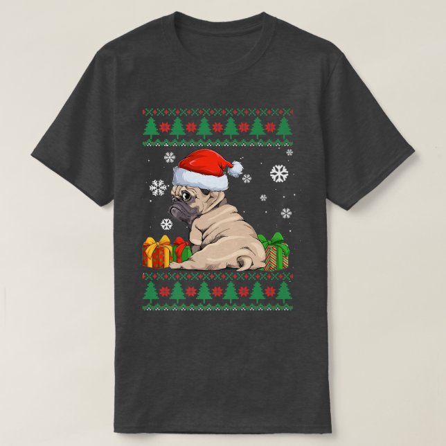 Funny Dog lover Cute Pug Santa hat Ugly Christmas  T-Shirt (Design Front)