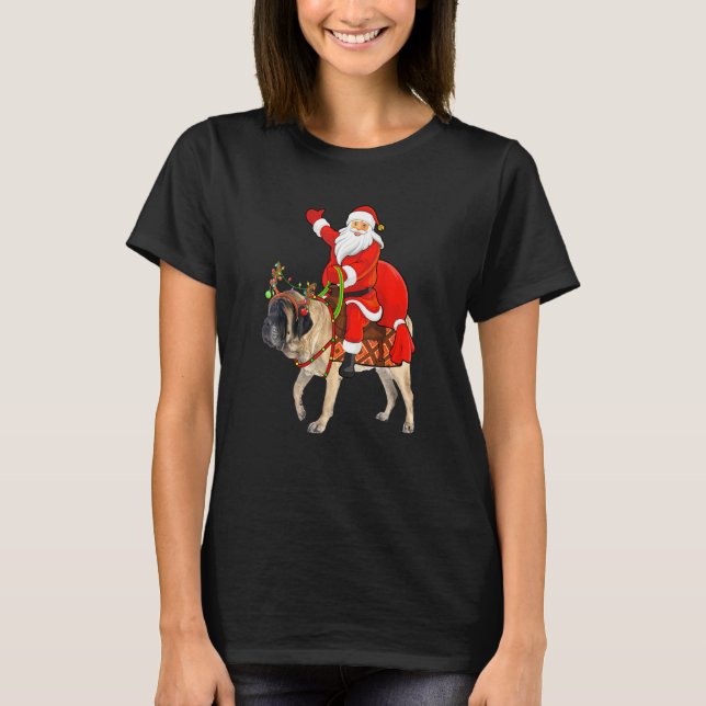Funny Dog Lover Santa Riding English Mastiff Chris T-Shirt (Front)