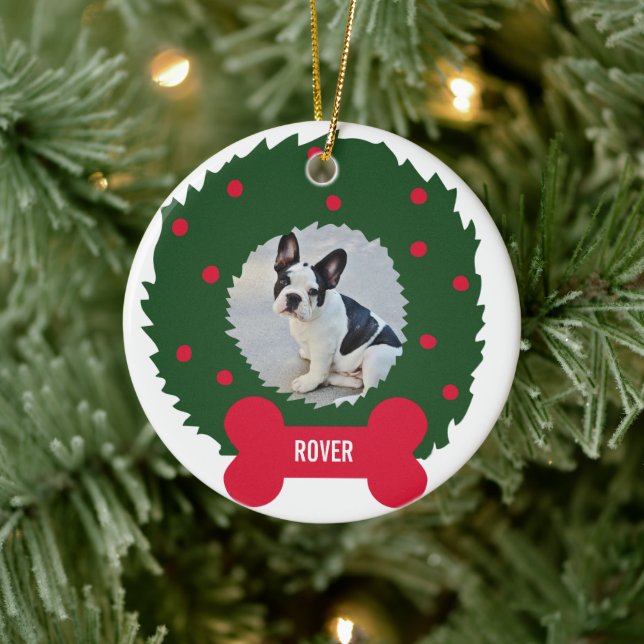 Funny Dog Lover's Christmas Wreath With Dog Photo Ceramic Ornament (Tree)