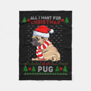 Funny Dog Lovers Cute Pug Santa Hat Ugly Christmas Fleece Blanket