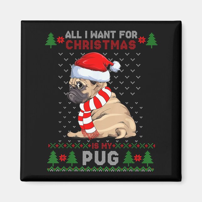 Funny Dog Lovers Cute Pug Santa Hat Ugly Christmas Magnet (Front)