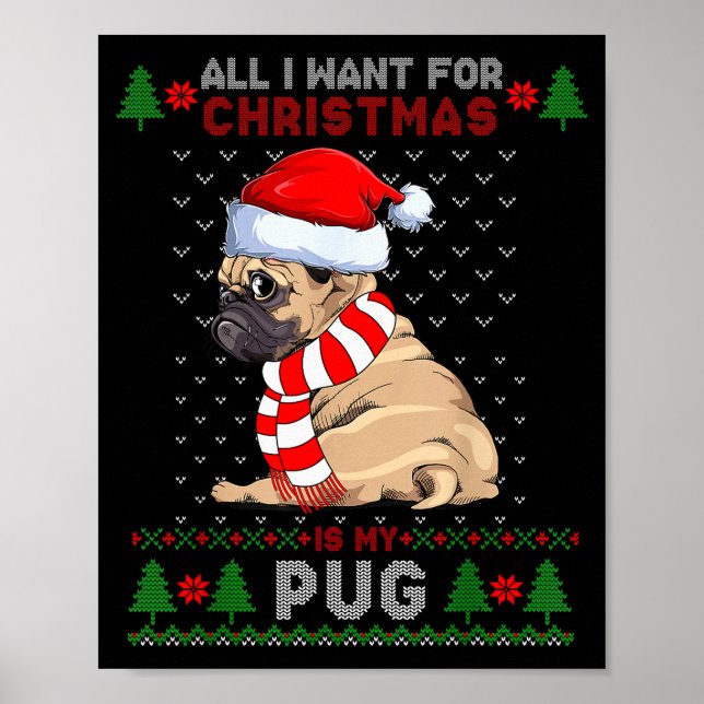 Funny Dog Lovers Cute Pug Santa Hat Ugly Christmas Poster (Front)