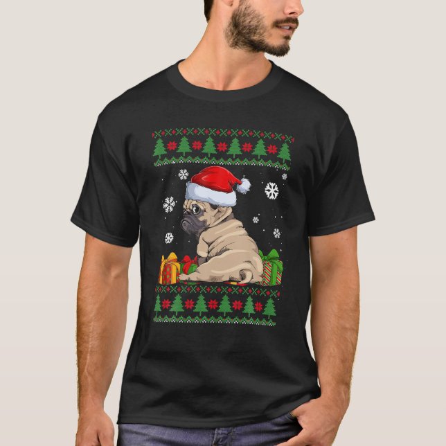 Funny Dog Lovers Cute Pug Santa Hat Ugly Christmas T-Shirt (Front)