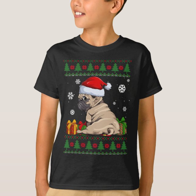 Funny Dog lovers Cute Pug Santa Hat Ugly Christmas T-Shirt (Front)
