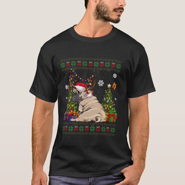 Funny Dog Lovers Frenchie Santa Hat Ugly Christmas T-Shirt (Front)