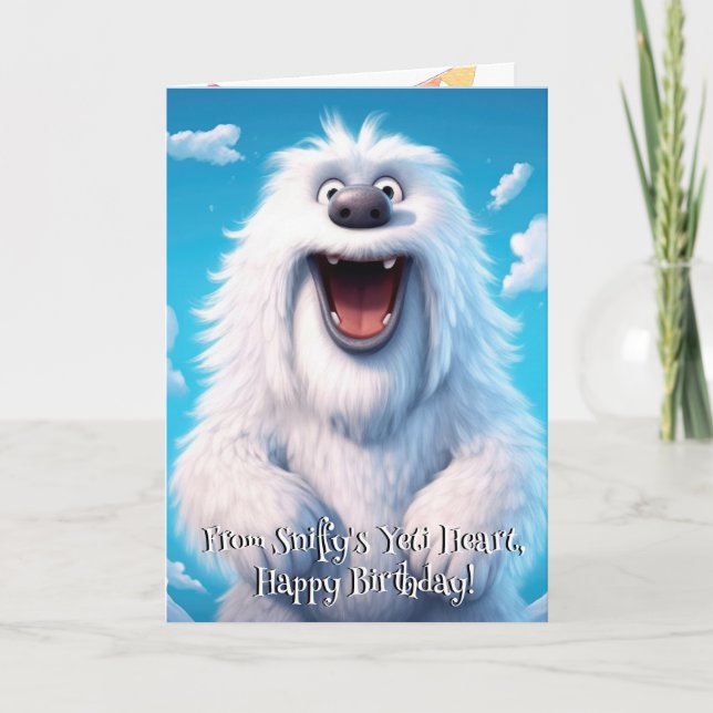 Funny Dog Monster: Sniffy the Yeti Birthday Thank You Card (Front)