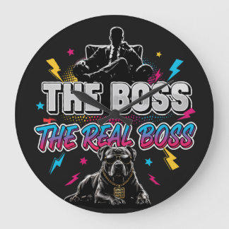 Funny Dog Owner "The Real Boss" Pitbull Design Large Clock