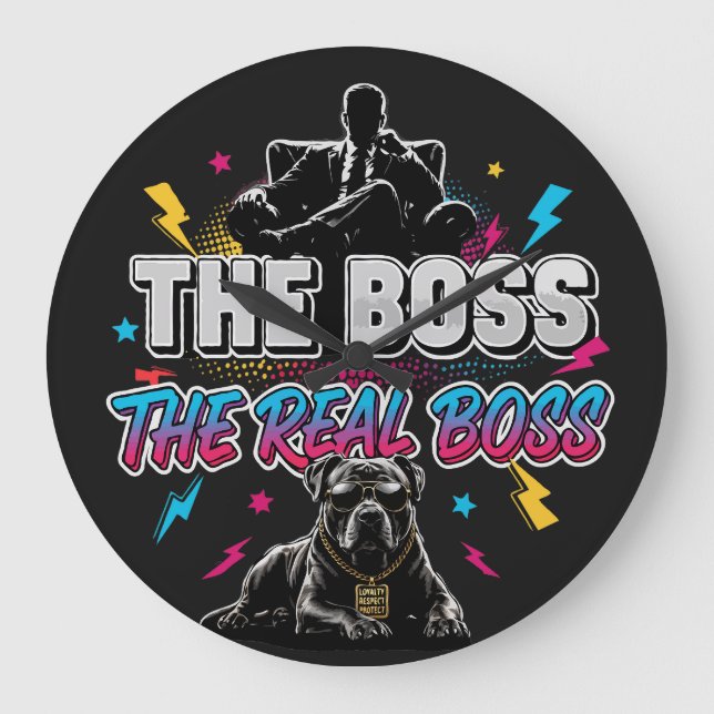 Funny Dog Owner "The Real Boss" Pitbull Design Large Clock (Front)
