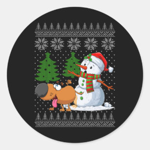 Funny Dog Pees On Snowman Ugly Christmas Sweater X Classic Round Sticker