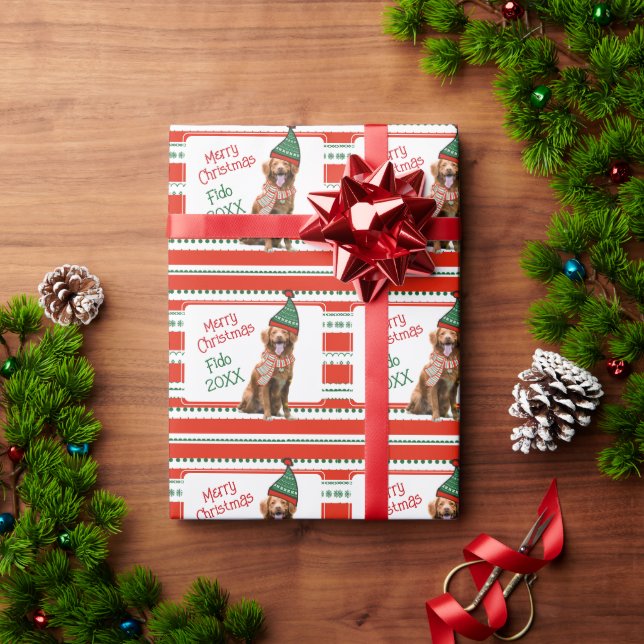 Funny Dog Photo with Elf Hat and Scarf Christmas  Wrapping Paper (Holiday Gift)