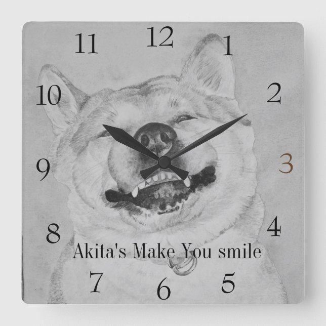 funny dog picture of akita smiling with fun slogan square wall clock (Front)