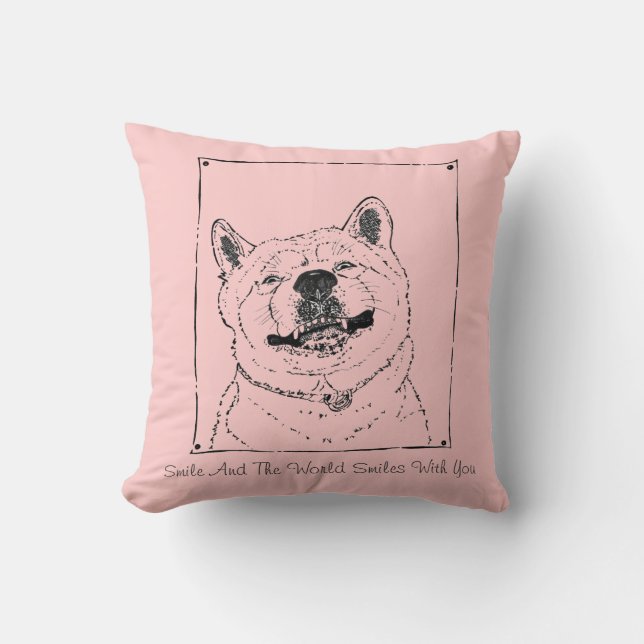 funny dog picture of akita smiling with slogan cushion (Front)