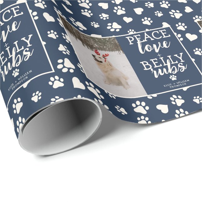 Funny Dog Picture Personalise Blue Christmas Photo Wrapping Paper (Roll Corner)