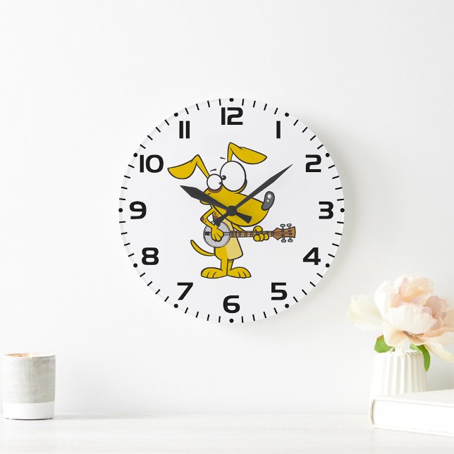 Funny Dog Playing Banjo Music Large Clock (Creator Uploaded)