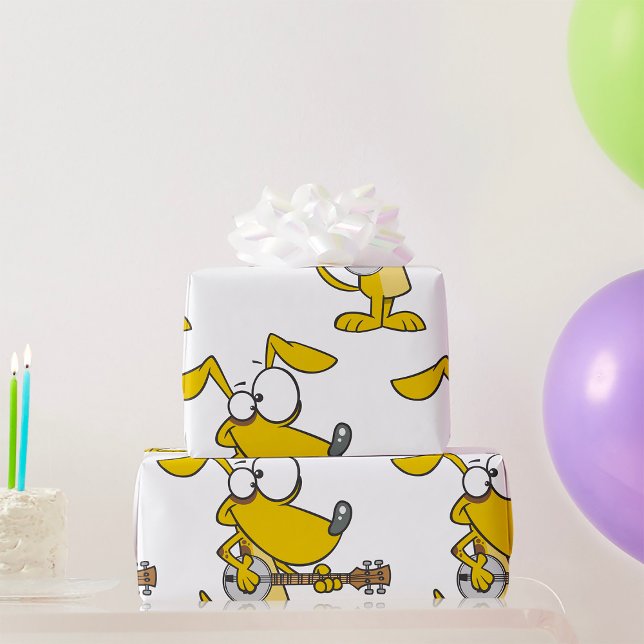 Funny Dog Playing Banjo Music Wrapping Paper (Creator Uploaded)