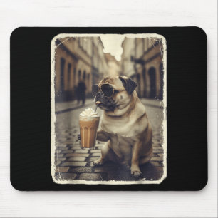 Funny dog pug drinking iced coffee animal meme men mouse pad