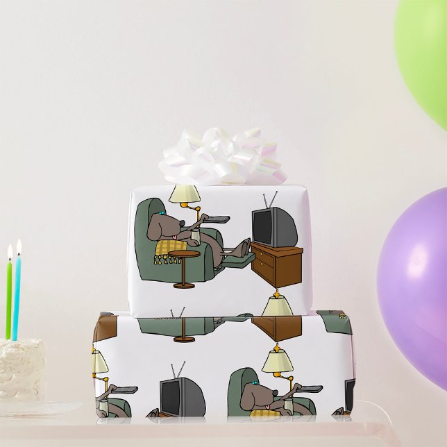 Funny Dog Relaxing in Recliner Watching TV Wrapping Paper (Creator Uploaded)