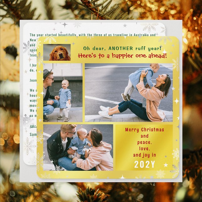 Funny Dog Ruff Year Peace Love Joy 4 Photos Golden Holiday Card (Funny Dog Oh Dear Another Ruff Year 4 Photos Merry Christmas Peace Love Joy Cute Snow Elegant Golden)