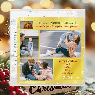 Funny Dog Ruff Year Peace Love Joy 4 Photos Golden Holiday Card