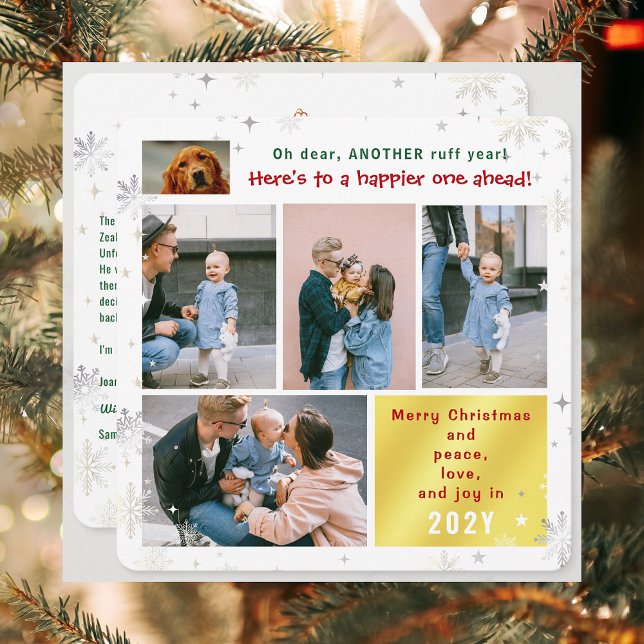 Funny Dog Ruff Year Peace Love Joy Cute 5 Photos Holiday Card (Cute Funny Dog Oh Dear Ruff Year Merry Christmas 5 Photos Peace Love Joy Elegant Xmas Tree Letter)