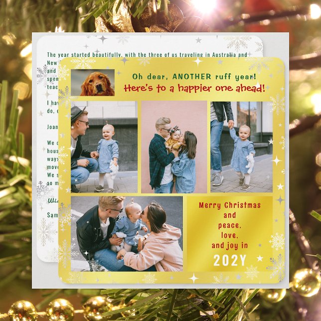 Funny Dog Ruff Year Peace Love Joy Golden 5 Photos Holiday Card (Funny Dog Oh Dear Another Ruff Year 5 Photos Merry Christmas Peace Love Joy Cute Snow Elegant Golden)