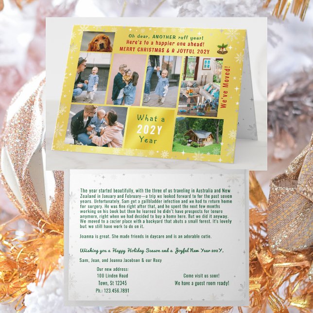 Funny Dog Ruff Year We've Moved 7 Photos Golden Card (Funny dog Ruff year Christmas card. 7 Photos. Peace, love, joy. We've Moved. Elegant, golden. Snow)