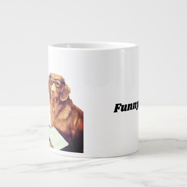 Funny dog sitting in front of magazine large coffee mug (Front)