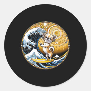 Funny Dog Surf Board Great Wave Kanagawa Surfing - Classic Round Sticker