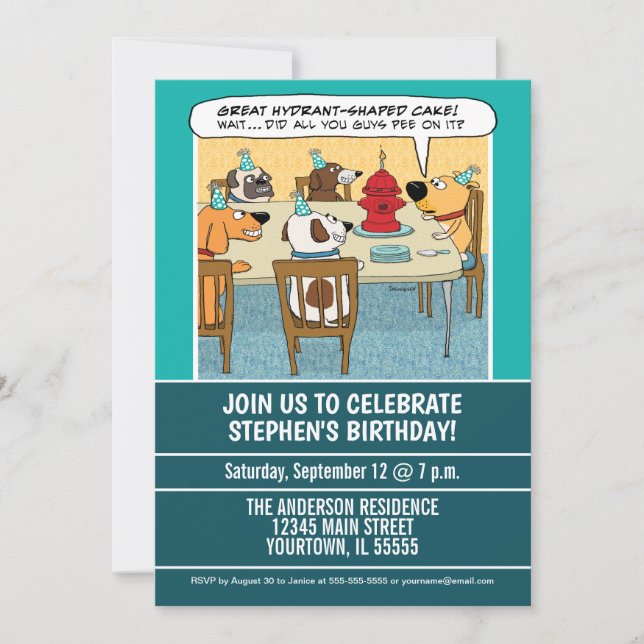 Funny Dog Suspicious of Cake Birthday Party Invitation (Front)