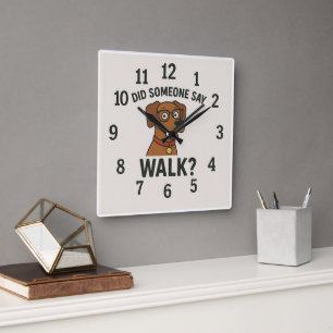 Funny Dog "Walk?" Cartoon Square Wall Clock
