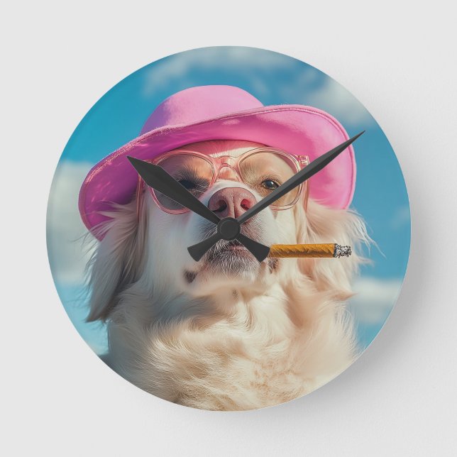 Funny Dog Wall Clock with Hat and Cigar - Quirky a (Front)