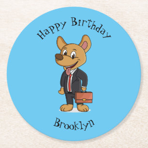 Funny dog wearing business suit cartoon round paper coaster